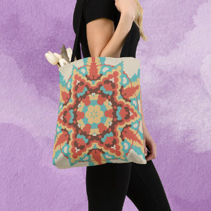 Retro Mandala Blauw Rood en Geel Draagtas