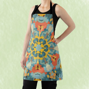 Retro Mandala blauw Sinaasappel en geel Schort