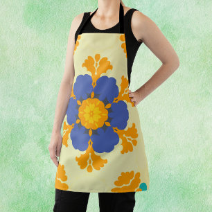Retro Mandala blauw Sinaasappel en geel Schort