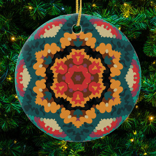 Retro Mandala blauw Sinaasappel en rood Keramisch Ornament