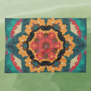 Retro Mandala blauw Sinaasappel en rood Theedoek