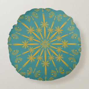 Retro Mandala Blauwgroen rondleiding Rond Kussen