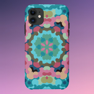 Retro Mandala Bloem Blauw Roze en Groen iPhone 11 Hoesje