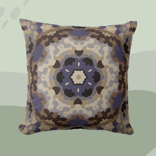 Retro Mandala Bloem Blauw Tan en Bruin Kussen (Creator heeft geüpload)