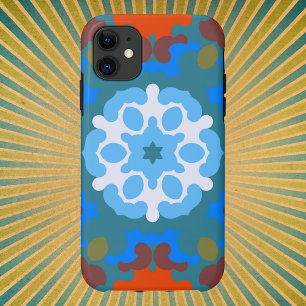Retro Mandala Bloem Sinaasappel Wit en Blauw iPhone 11 Hoesje