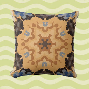 Retro Mandala Bloemblauw Sinaasappel en Bruin Kussen