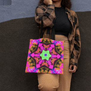 Retro Mandala Bloemroze Oranje en groen Draagtas