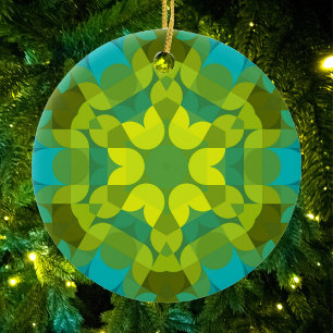 Retro Mandala Flower Green Yellow en Blue Keramisch Ornament