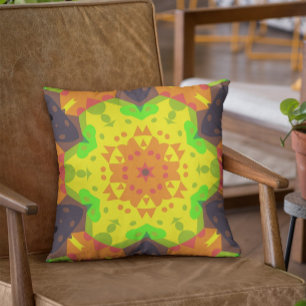 Retro Mandala Flower Oranje Yellow and Green Kussen