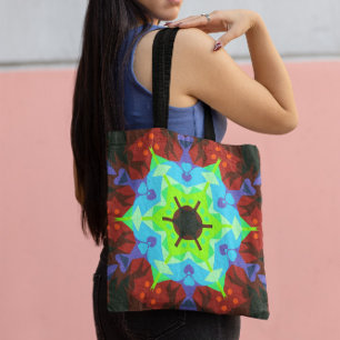 Retro Mandala Flower Red Blue en Green Draagtas
