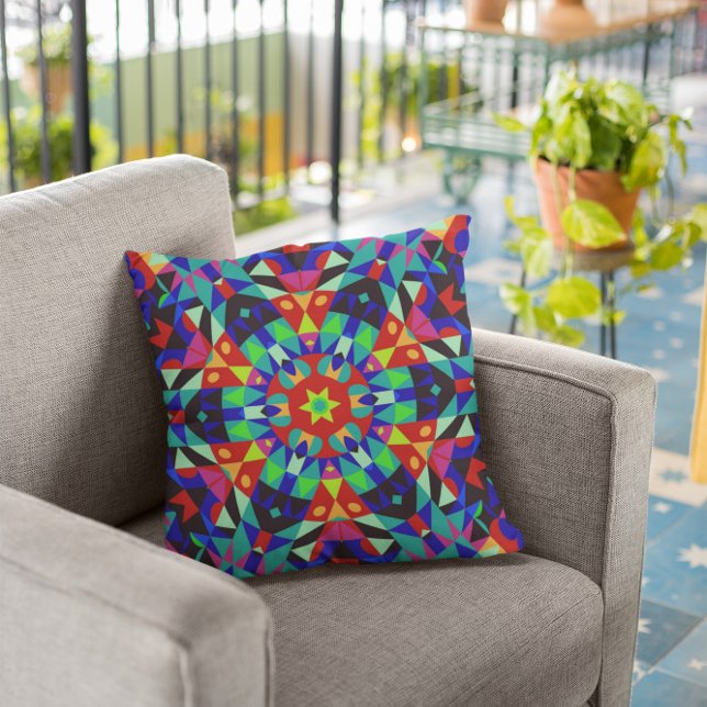 Retro Mandala Flower Red Green en Blue Kussen (Creator heeft geüpload)