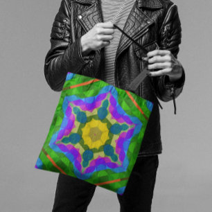 Retro Mandala Flower Yellow Blue en Paars Draagtas