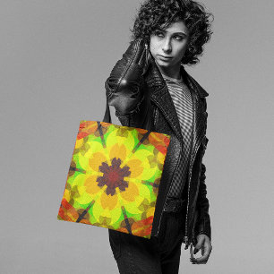 Retro Mandala Flower Yellow Oranje and Green Draagtas