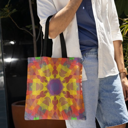 Retro Mandala Flower Yellow Oranje en Paars Draagtas