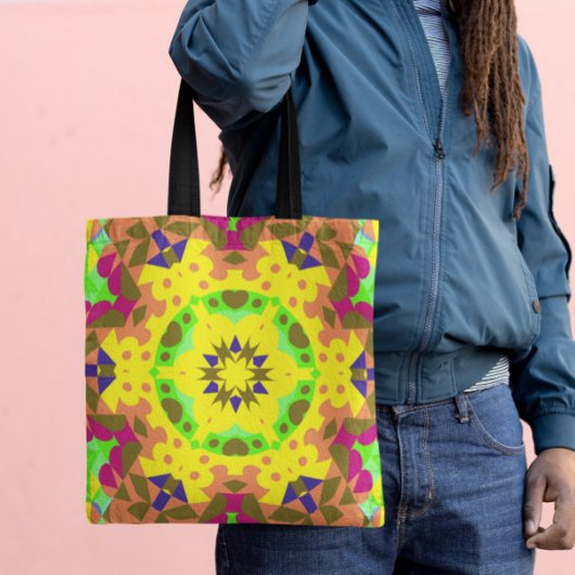 Retro Mandala Flower Yellow Oranje Green and Pink Draagtas