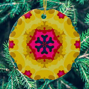 Retro Mandala Geel Blauw en roze Keramisch Ornament