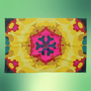 Retro Mandala Geel Blauw en roze Theedoek