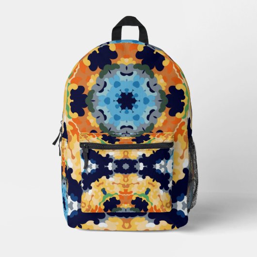Retro Mandala Geel Blauw en Sinaasappel Bedrukte Rugzak (Voorkant)