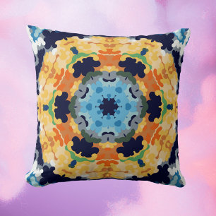 Retro Mandala Geel Blauw en Sinaasappel Kussen