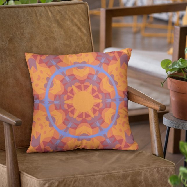 Retro Mandala Oranje en blauw Kussen (Creator heeft geüpload)