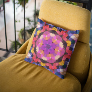 Retro Mandala Paarse roze en geel Kussen