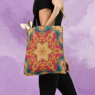 Retro Mandala rood geel en blauw Draagtas