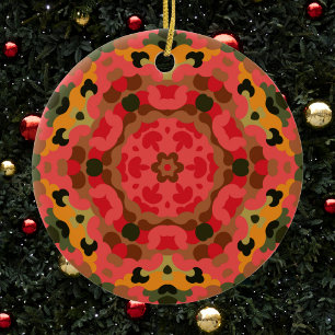 Retro Mandala rood Sinaasappel en groen Keramisch Ornament