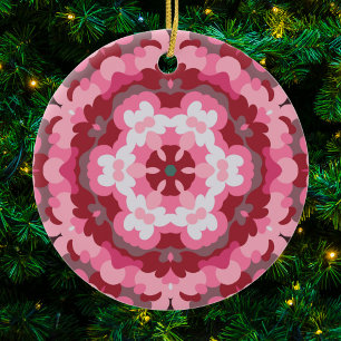 Retro Mandala Roze Rood en Wit Keramisch Ornament