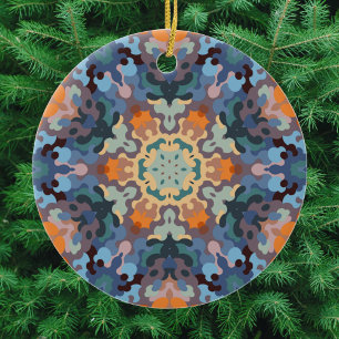 Retro Mandala Sinaasappel blauw en geel Keramisch Ornament