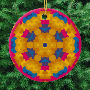 Retro Mandala Sinaasappel blauw en roze Keramisch Ornament