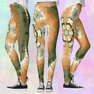 Retro Mandala Sinaasappel groen en wit Leggings