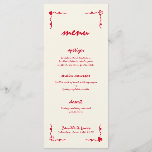 Retro manuscrit Whimsical Red Menu Mariage (Devant)