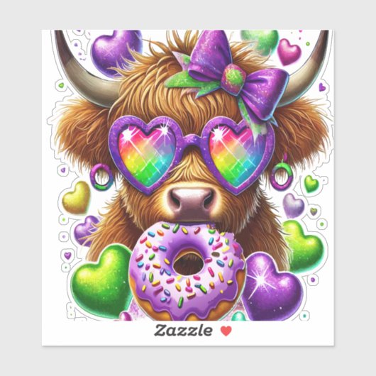 Retro Mardi Gras, Highland Koe Sticker (Vel)