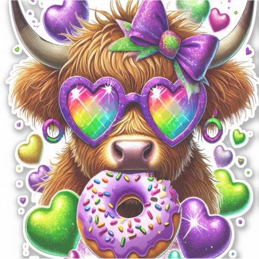 Retro Mardi Gras, Highland Koe Sticker (Voorkant)