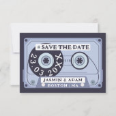 Retro marineblauwe cassetteband Save The Date (Achterkant)