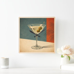 Retro Martini Cocktail Wandklok Mid Century Bar Vierkante Klok