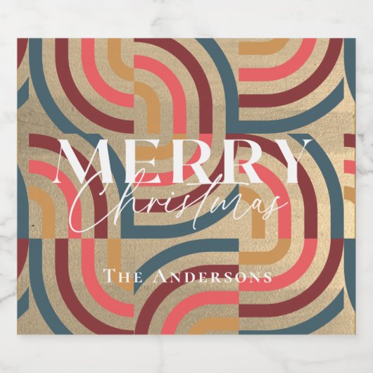Retro Maximalist Geometrisch Goud Kerstmis Sparkling Wijnetiket (Enkel label)