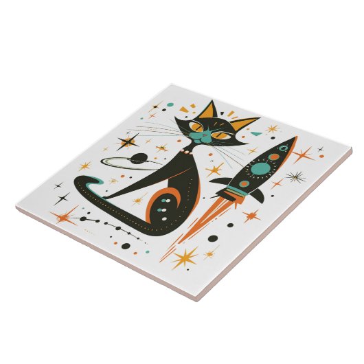 Retro MCM Kat Ruimteschip Sterren Planet Tegeltje (Zijkant)