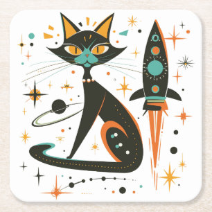  Retro MCM Kat Ruimteschip Sterren Planet Vierkante Kartonnen Onderzetter