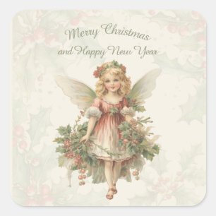 Retro Meisje Angel Christmas Holly Vierkante Sticker