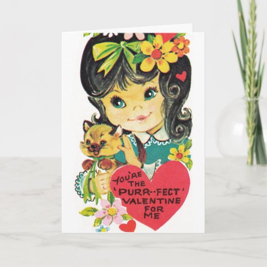 Retro  Meisje en kat Valentne bericht kaart (Voorkant)