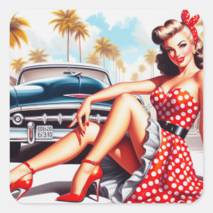 Retro Meisje Klassieke Pin Up Vierkante Sticker