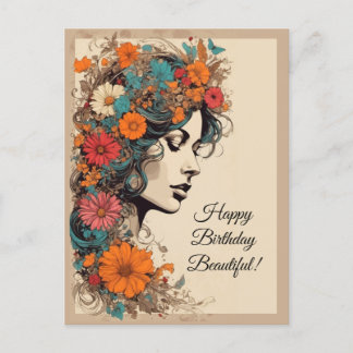 Retro meisje met bloemen in haar haar briefkaart
