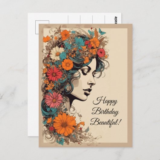 Retro Meisje met Bloemen in haar haar Briefkaart (Voorkant / Achterkant)