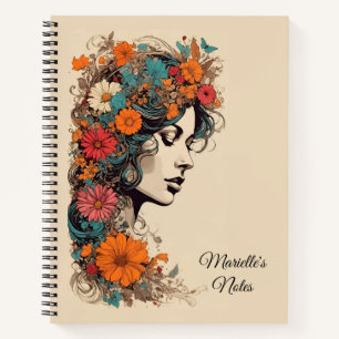Retro meisje met bloemen in haar haar notitieboek
