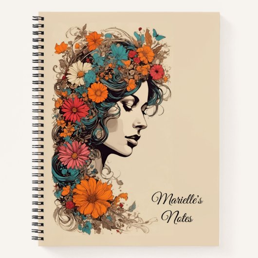 Retro meisje met bloemen in haar haar notitieboek (Voorkant)
