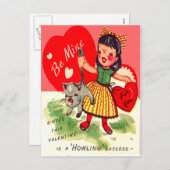  Retro Meisje Met Kat Valentijn Kaart (Voorkant / Achterkant)
