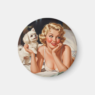 Retro Meisje met Maltese Hond 50's Pin-up Art Magneet