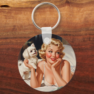 Retro Meisje met Maltese Hond 50's Pin-up Art Sleutelhanger