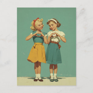 Retro Meisjes Delen Hartelijke Vreugde Briefkaart
